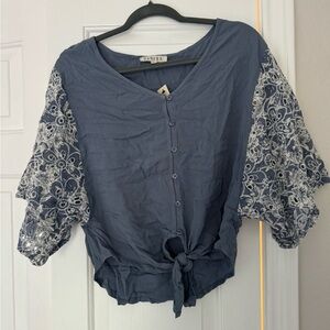 Harper Slate Blue Blouse with White Embroidery